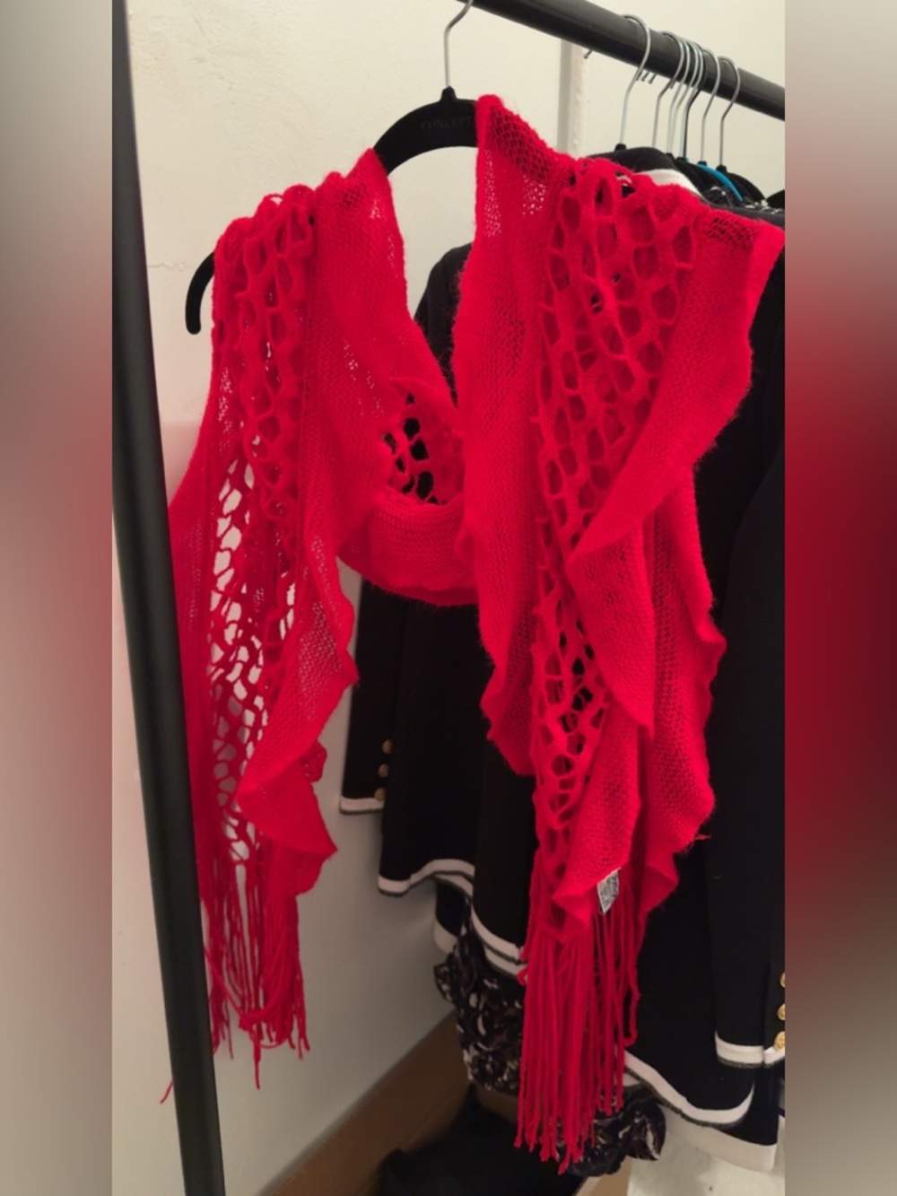 pashmina Bright Red Openwork Fringe Knit Scarf